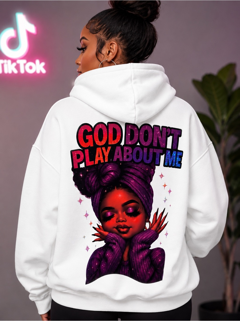 Gildan White Hoodie with Vibrant Purple & Pink Back Graphic